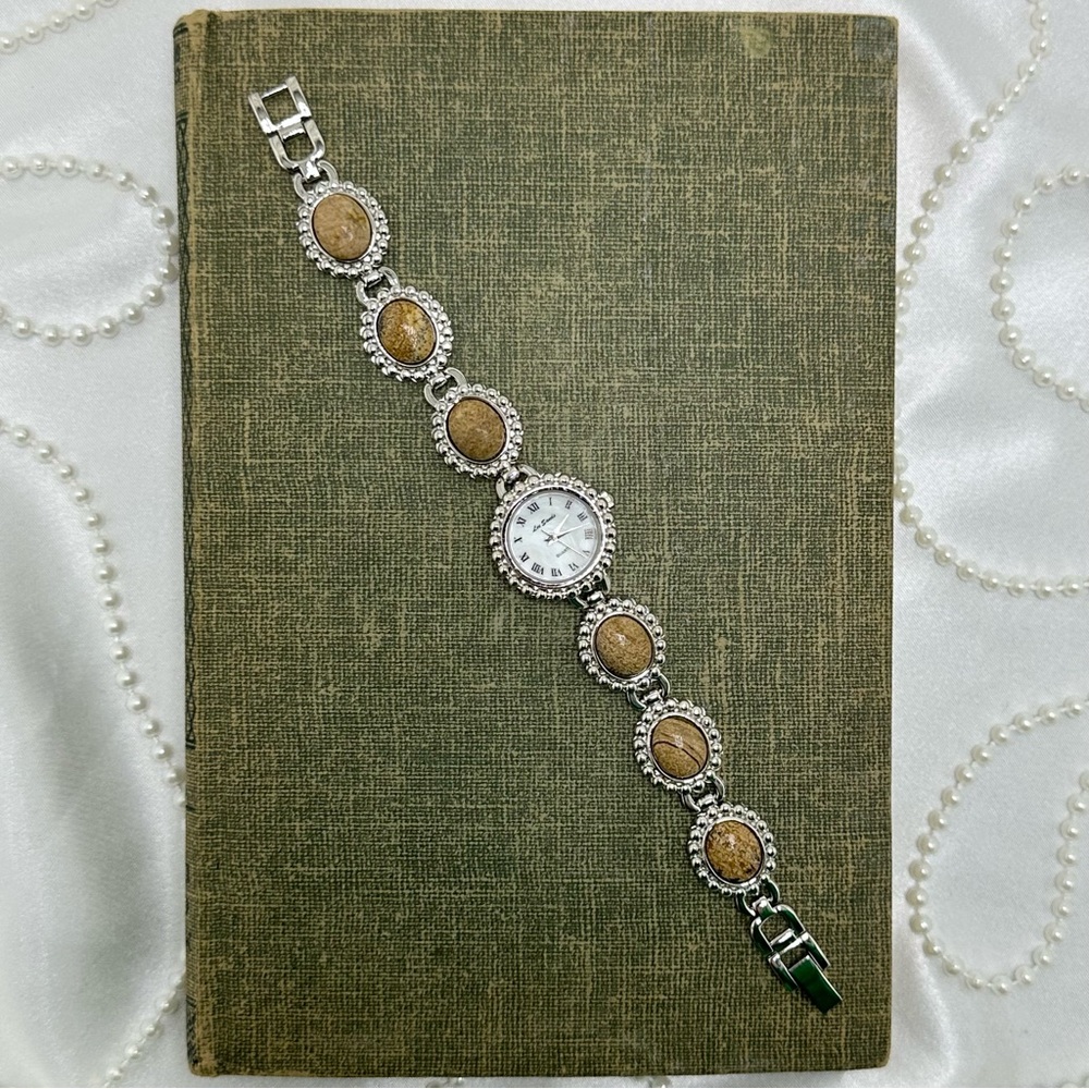 Vintage Silver Lee Sands Watch with Jasper Gemstone Band and Mother of Pearl Dia